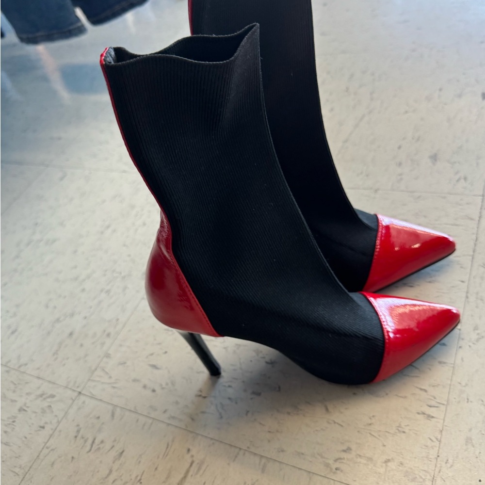 Red and Black Heeled Boots with Glossy Accents